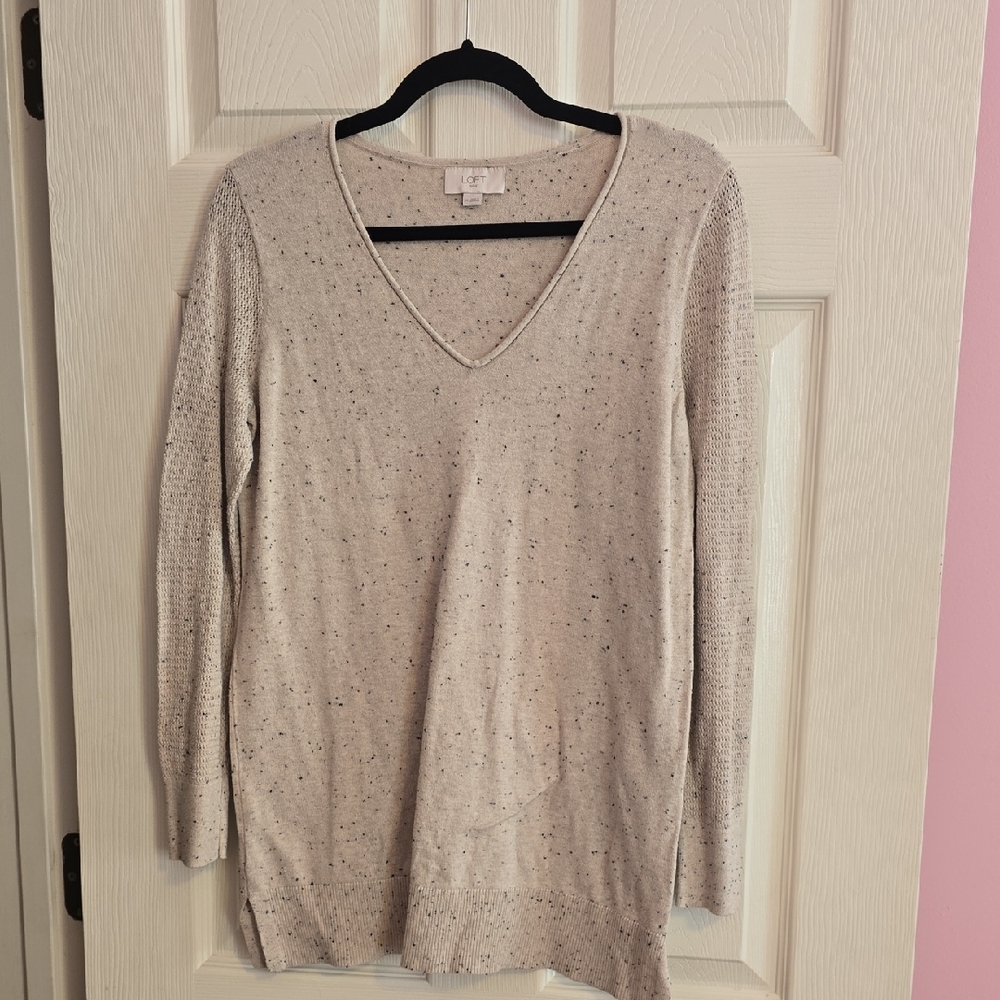 LOFT Cream Speckled V-Neck Sweater